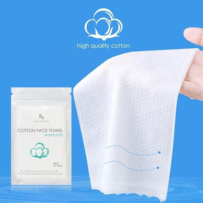 Alissa (10 PACKS) DISPOSABLE FACE TOWEL 5 SHEETS/PACK 100% COTTON ULTRA SOFT EXTRA THICK FACIAL TISSUE DRY AND WET USE WIPES PERFECT POCKET TISSUES FOR TRAVEL & HOME SKIN CARE MAKEUP SURFACE CLEANING - Image 4
